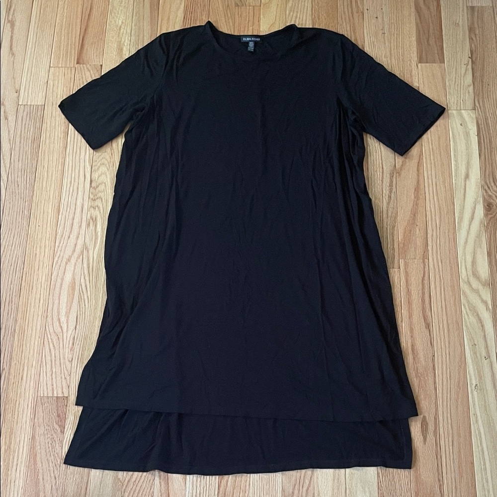 Eileen Fisher Midi Dress Womens XL Black Short Sleeve Split Hem Minimalist